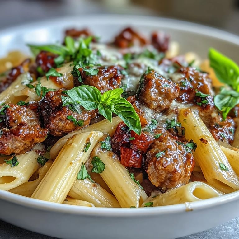 Comforting One-Pot Red Wine Sausage Pasta with creamy sauce and Parmesan.
