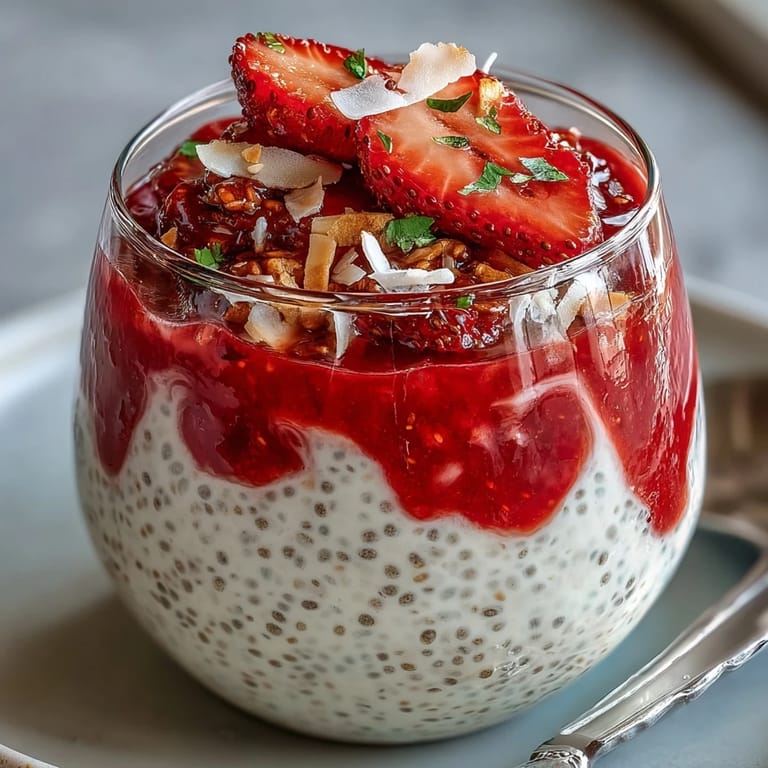 Creamy coconut milk chia pudding infused with sweet strawberries, garnished with mint leaves and extra fruit, offering a refreshing, vegan-friendly treat.