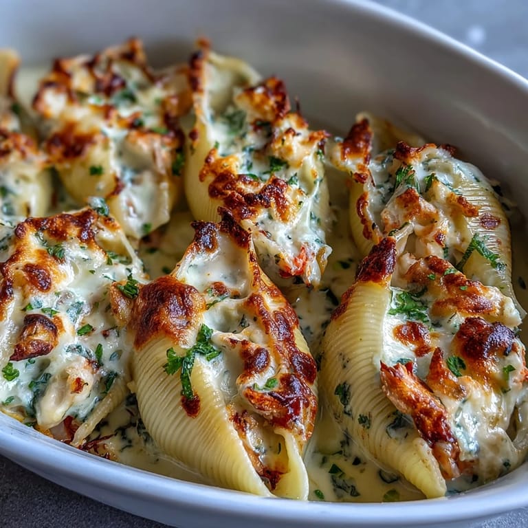 Golden jumbo pasta shells filled with lobster, crab, and cream cheese, baked in a decadent cheese sauce.  