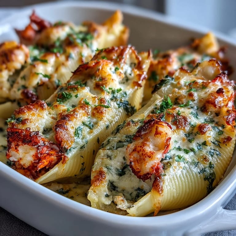 Elegant seafood stuffed shells with lobster, crab, and mozzarella, baked until bubbly and golden brown.