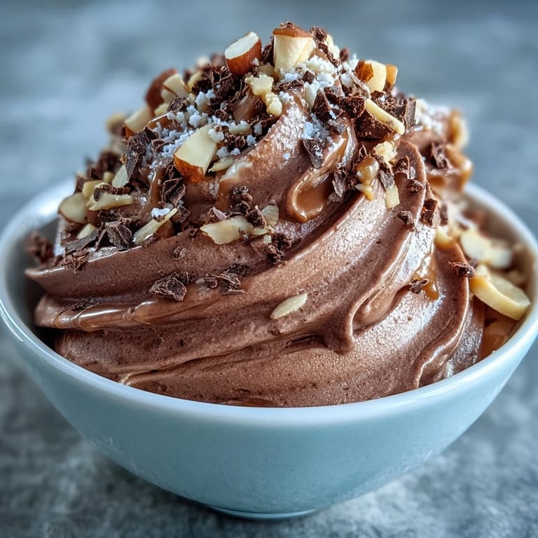 Rich and smooth nice cream made with ripe bananas, cocoa powder, and a swirl of almond butter in a glass bowl.  