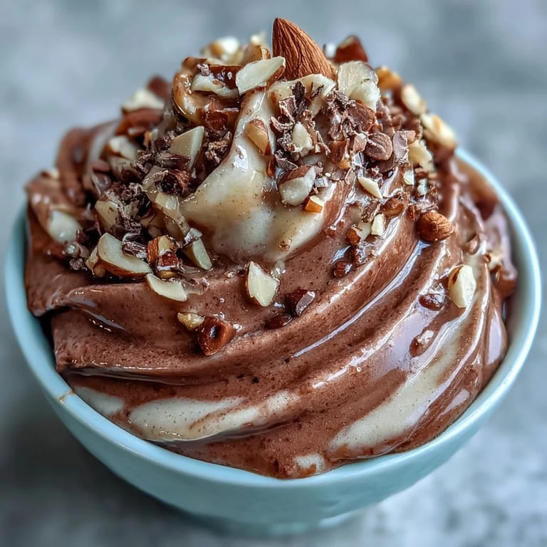 Frozen banana nice cream blended with cocoa and almond butter, garnished with toasted almonds and fresh banana slices.