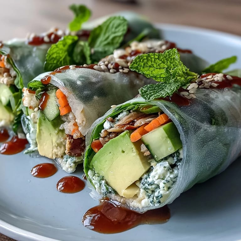 Colorful vegan mango avocado spring rolls with fresh herbs and crunchy vegetables, perfect for a healthy appetizer.  