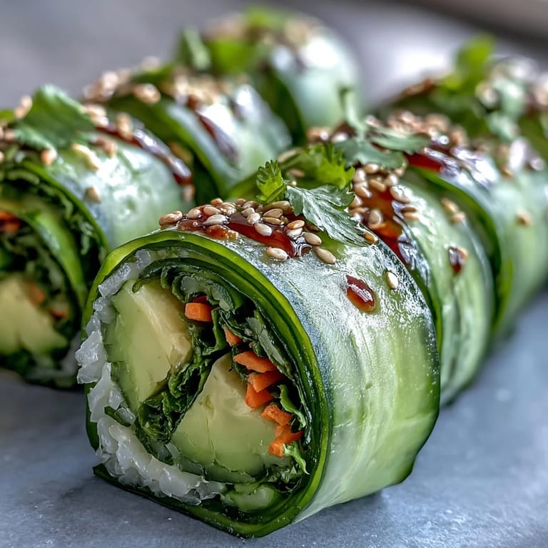 Perfect for light lunches, these sesame-topped cucumber and avocado rolls are a colorful, gluten-free, vegetarian treat.