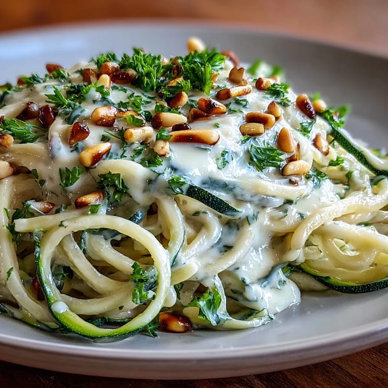 Vibrant zucchini noodles tossed with rich cashew Alfredo, topped with parsley and toasted pine nuts for a light meal.