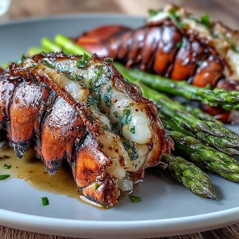 Keto garlic butter lobster tails served with roasted asparagus, offering a rich, low-carb seafood dinner with vibrant flavor.