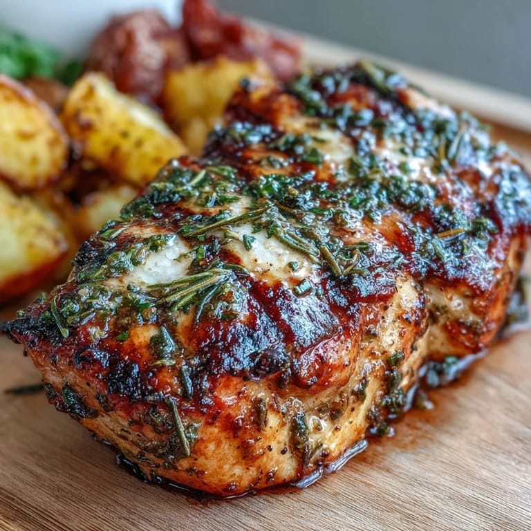 Herb-marinated chicken breasts grilled to golden perfection, served alongside a medley of roasted root vegetables for a hearty, healthy dinner.