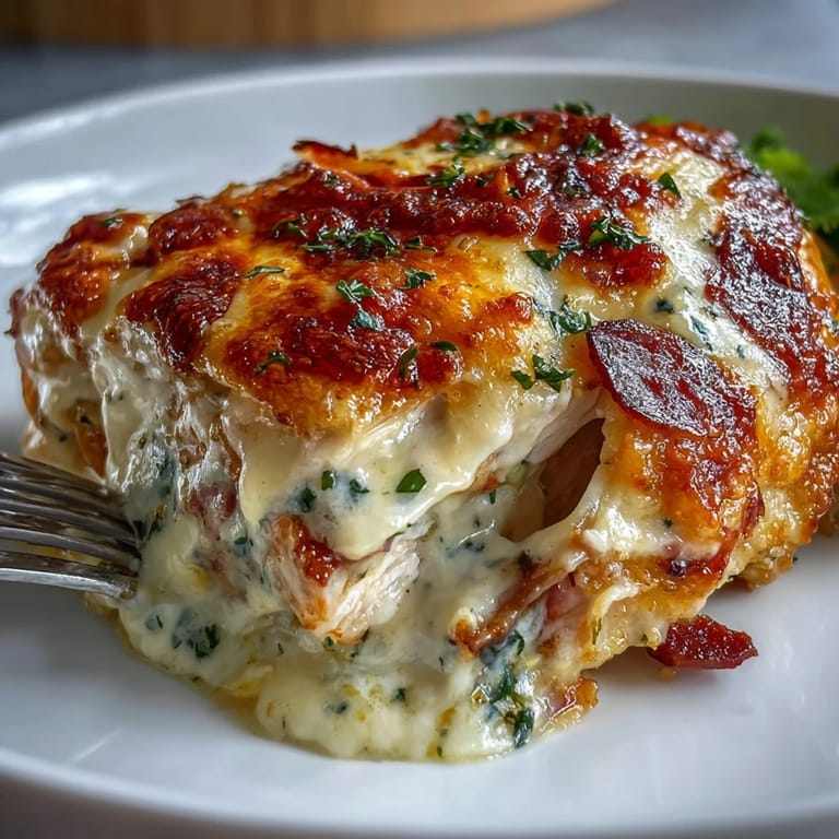 A hearty slice of Keto Chicken Cordon Bleu Casserole featuring juicy chicken, smoky ham, and bubbly cheese in every bite.