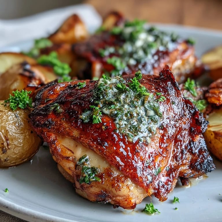 Tender chicken thighs nestled among roasted baby potatoes and carrots, infused with thyme, rosemary, and lemon zest for a comforting, flavorful dinner.  