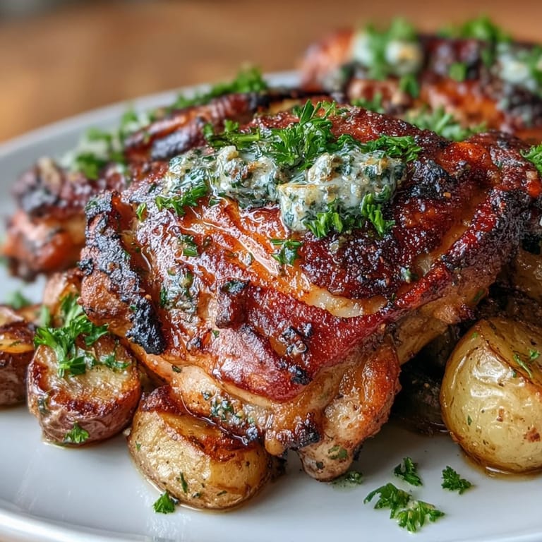 Juicy herb-crusted chicken thighs served with caramelized carrots and golden potatoes, garnished with fresh parsley for a wholesome, easy-to-make meal.