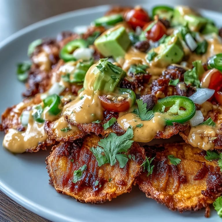 Vibrant vegan sweet potato nachos with fresh avocado, tomatoes, and zesty cashew queso topping.  
