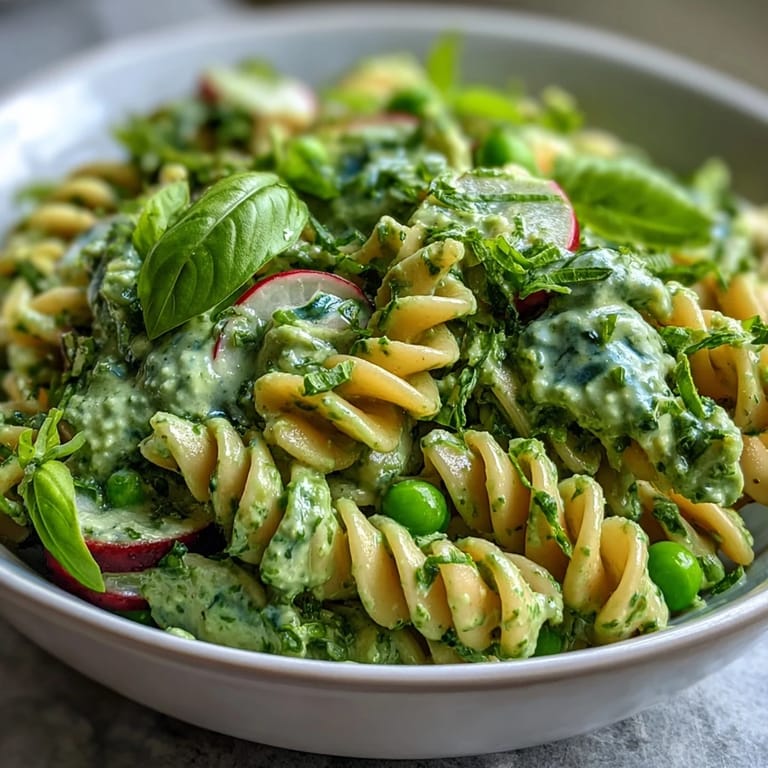 A refreshing vegan pasta salad tossed in a creamy green goddess dressing, packed with crisp veggies, peas, and fragrant basil leaves.