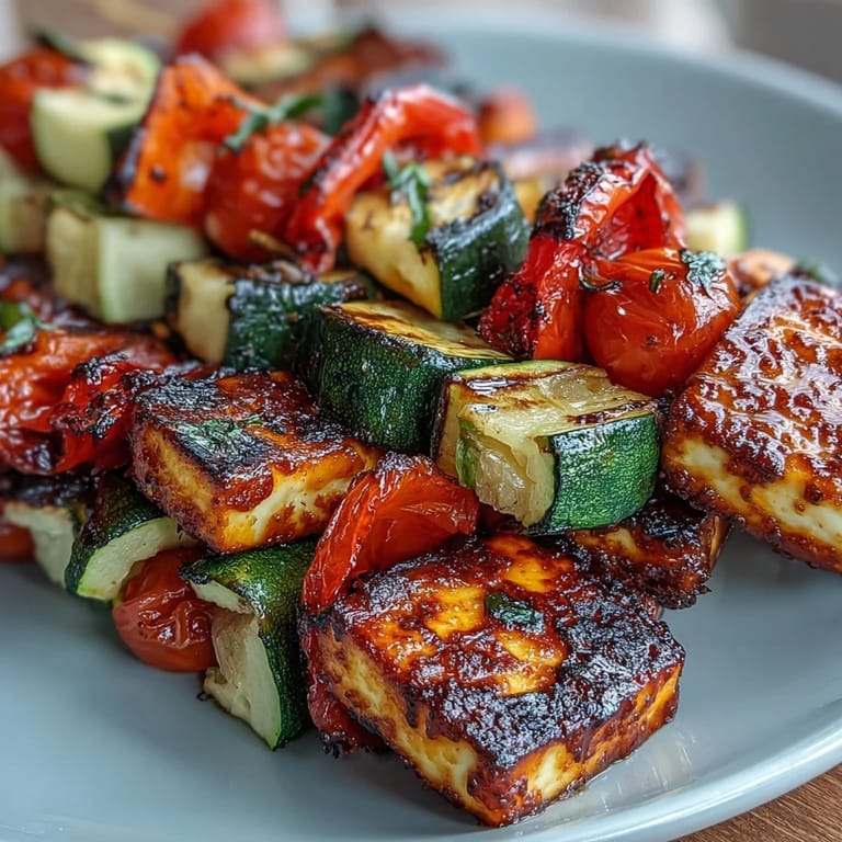 Fresh Mediterranean halloumi and vegetable skewers served with a cooling herb yogurt sauce for a vibrant vegetarian meal.