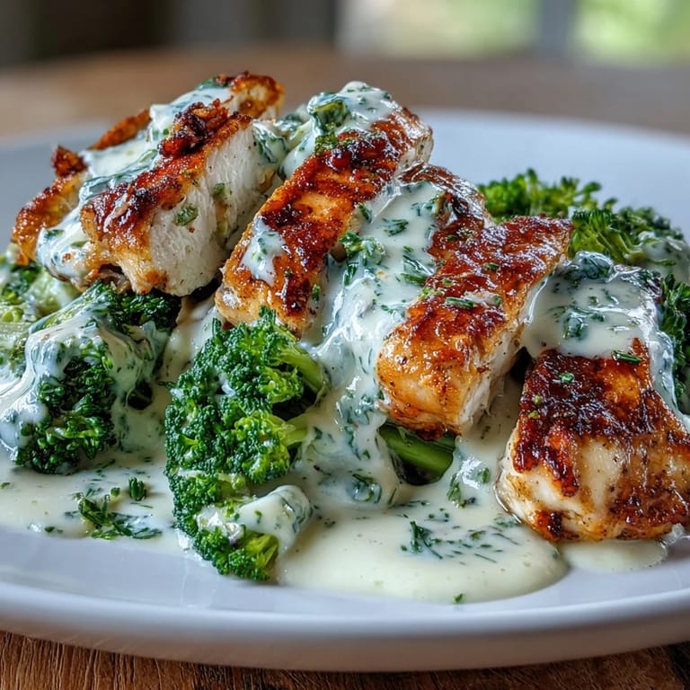 Tender chicken strips in rich Alfredo sauce over vibrant broccoli, a low-carb Italian-inspired dinner.