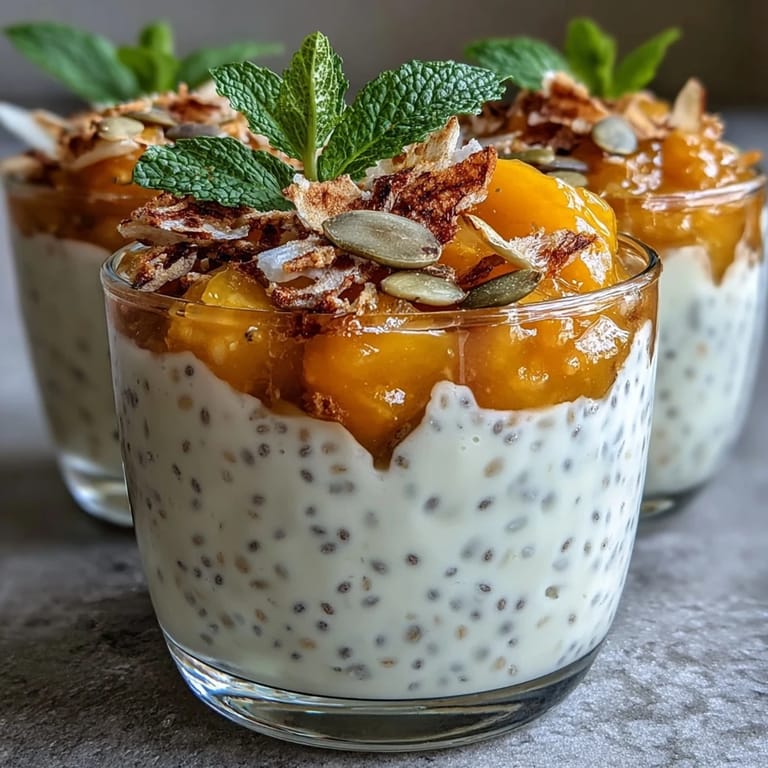 Layered Slim Mango Coconut Chia Pudding Breakfast Cups featuring vibrant mango purée over coconut chia pudding for a refreshing morning treat.