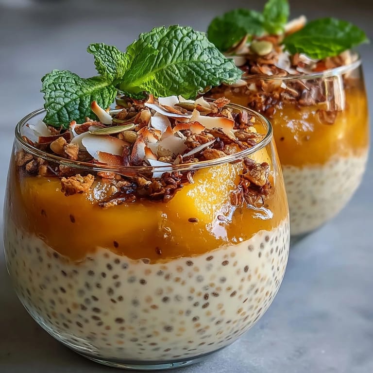 Slim Mango Coconut Chia Pudding Breakfast Cups in glass jars with fresh mint and pumpkin seeds, perfect for a healthy vegan breakfast.