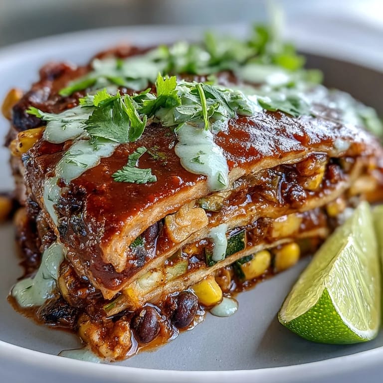 A vibrant Mexican-inspired casserole featuring black beans, corn tortillas, and rich enchilada sauce, served with fresh avocado crema.  