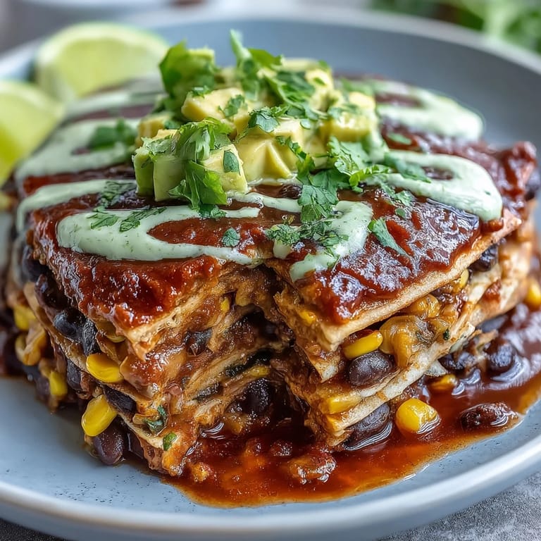 Plant-based black bean enchilada bake with zesty vegetables and smooth avocado topping, perfect for a wholesome family dinner.