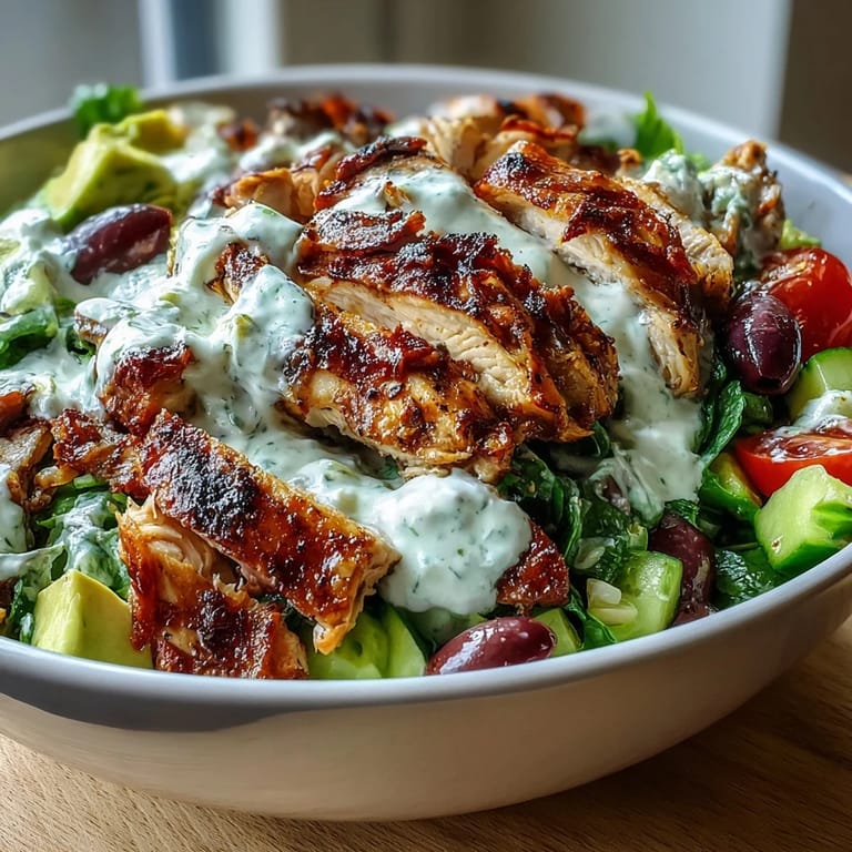 Healthy chicken shawarma salad bowl featuring vibrant greens, colorful veggies, and creamy lemon tahini dressing.  