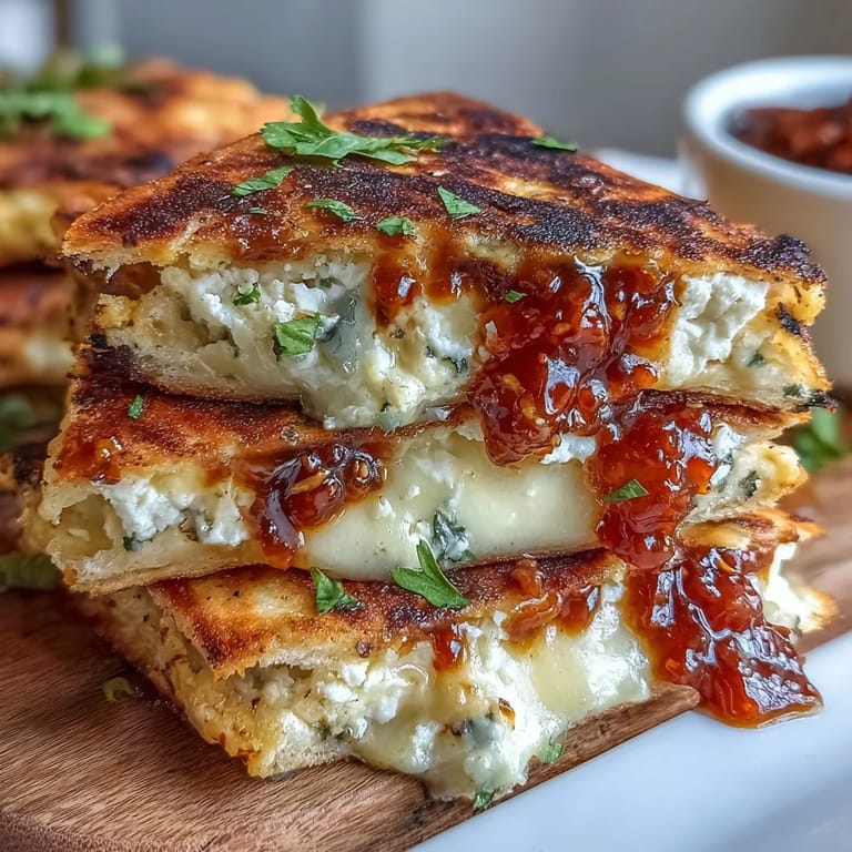 Crispy tortilla packed with tangy goat cheese, sweet-spicy chili jam, and vibrant baby spinach leaves.  