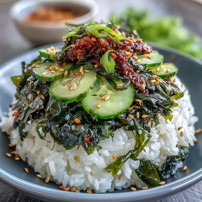 Colorful nori strips and rehydrated wakame top a bed of sushi rice, garnished with scallions and sesame seeds for a fresh Japanese-inspired dish.  