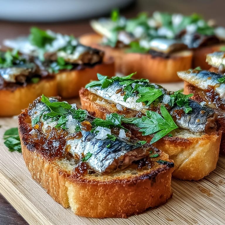 Toasted bread rounds topped with flaky sardines, citrus zest, and parsley, offering a fresh and savory bite.