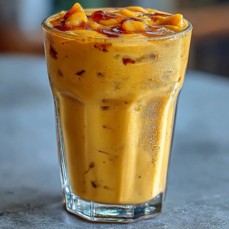 Refreshing Indian mango yogurt drink garnished with cardamom and pistachios.  