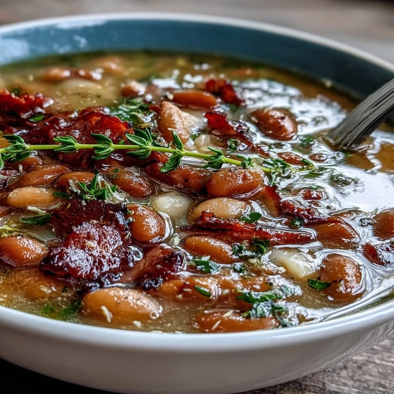 A close-up of steaming Ham and Navy Bean Soup, rich with savory ham, soft navy beans, and aromatic thyme in a cozy pot.
