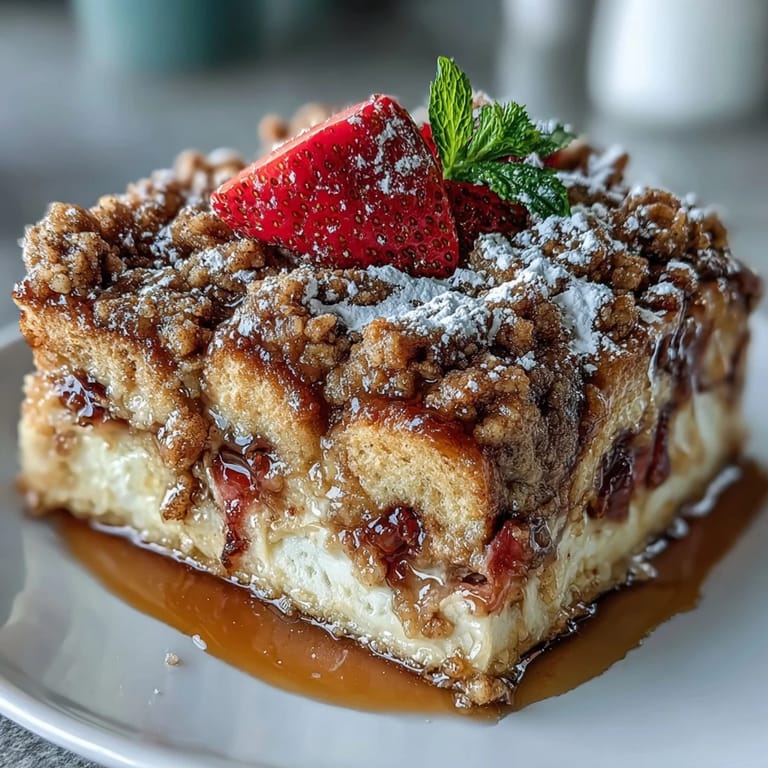 Make-ahead strawberry French toast casserole baked until golden, topped with powdered sugar and maple syrup for brunch perfection.