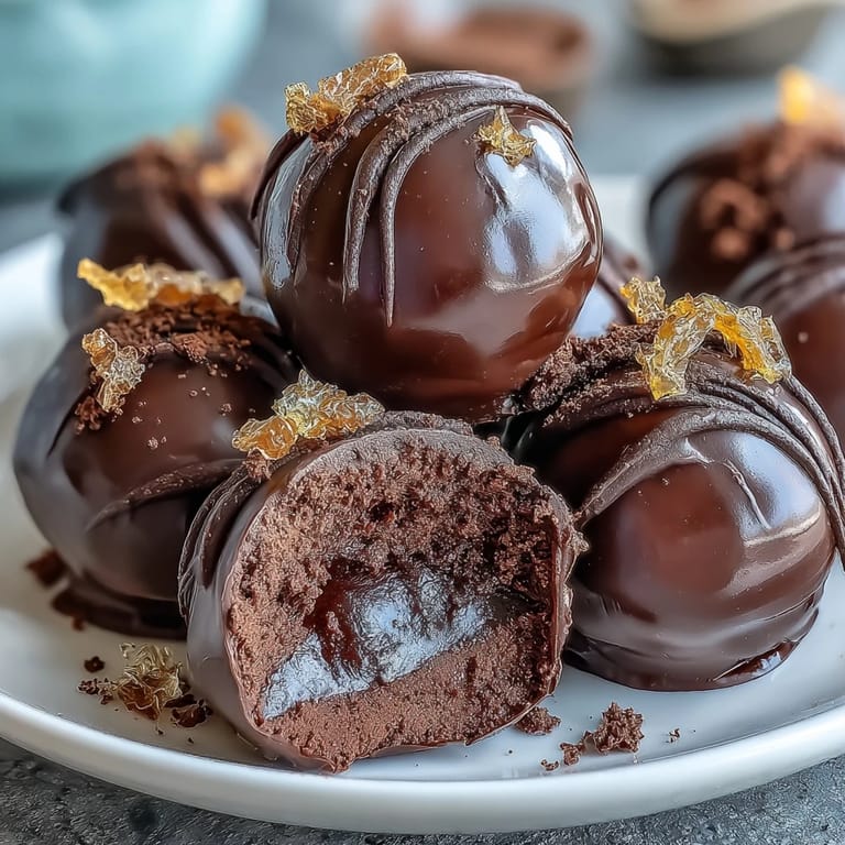 Rich, velvety chocolate truffles featuring a sweet candied orange center, perfect for sharing with loved ones.