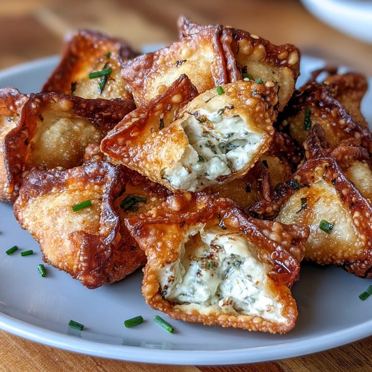 Golden-brown wontons stuffed with savory cream cheese, air-fried to crunchy perfection and garnished with fresh chives.