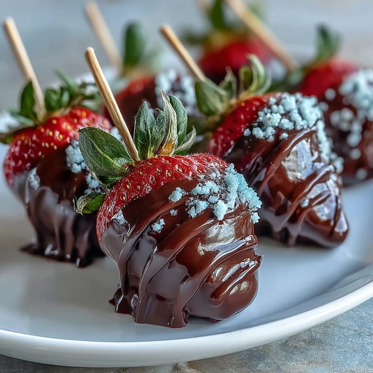 Gorgeous edible bouquet featuring juicy strawberries coated in dark and white chocolate, arranged on skewers with colorful toppings.