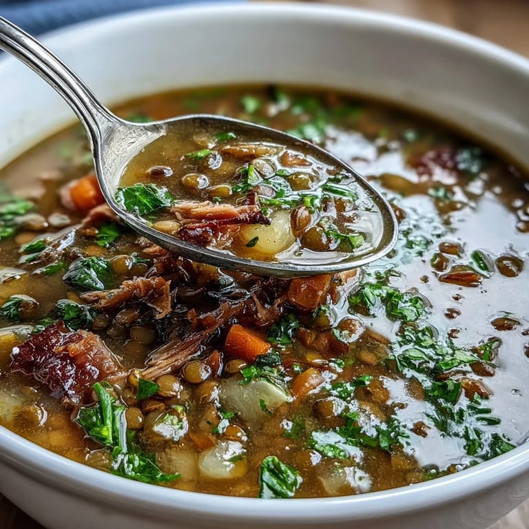 Creamy ham bone and lentil soup brimming with tender root vegetables, perfect for a cozy, satisfying meal.  