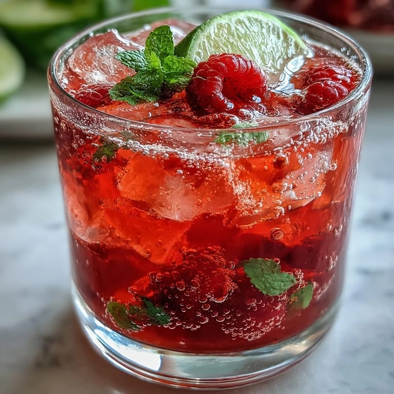 Sparkling Raspberry Lime Spritz with muddled berries, zesty lime, and a refreshing mint garnish for Galentine's Day.