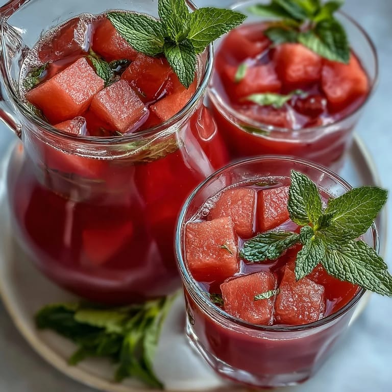 A vibrant pitcher of Watermelon Mint Infused Water, chilled and garnished with mint sprigs.  
