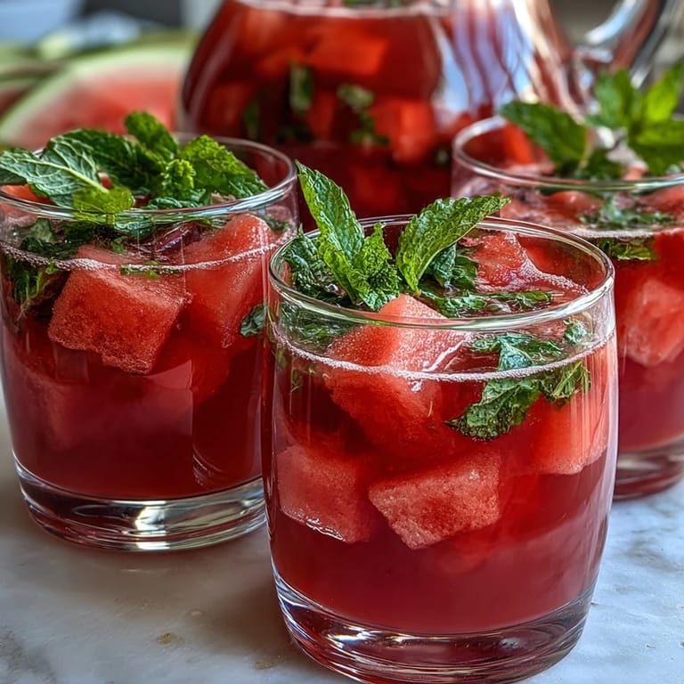 Refreshing Watermelon Mint Infused Water, showcasing colorful watermelon and aromatic mint in cold filtered water.