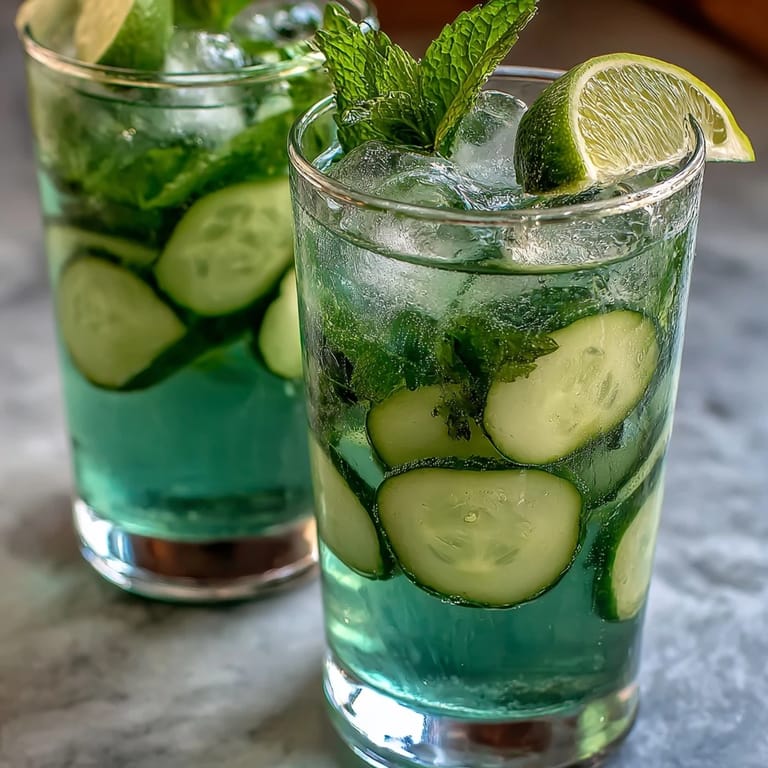 Refreshing cucumber mint sparkling water with ice cubes, lime garnish, and a pitcher in the background, ideal for summer gatherings or light hydration.
