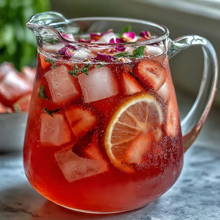 Vibrant strawberry rose lemonade served over ice with lemon wheels and mint sprigs, bursting with floral citrus flavor.