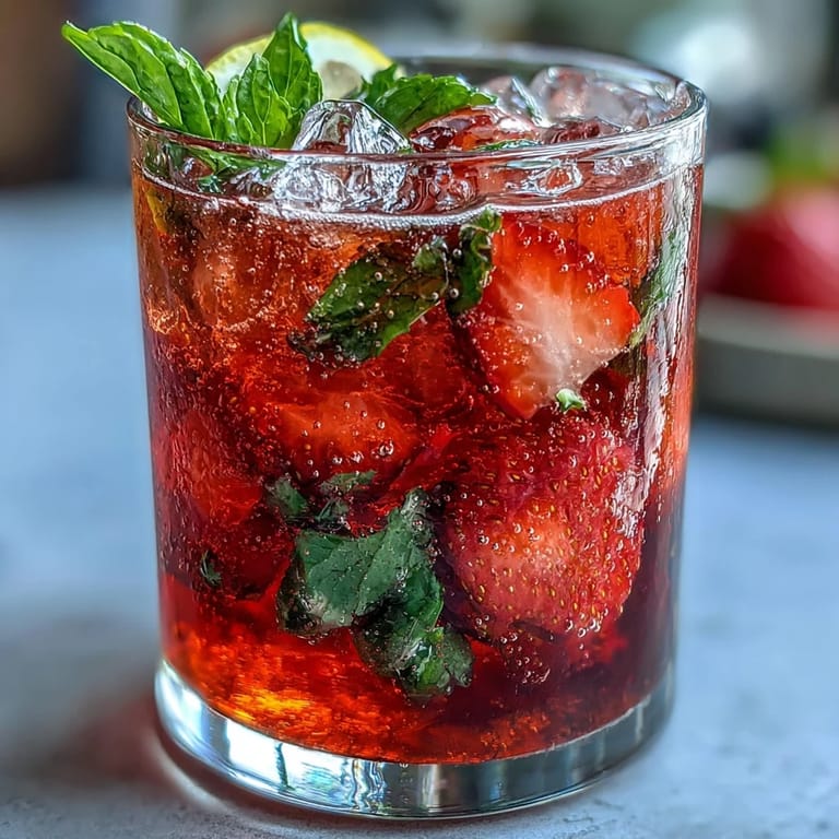 Vibrant non-alcoholic strawberry cocktail with muddled berries, lemon, and sparkling water, garnished with mint and lemon slices.