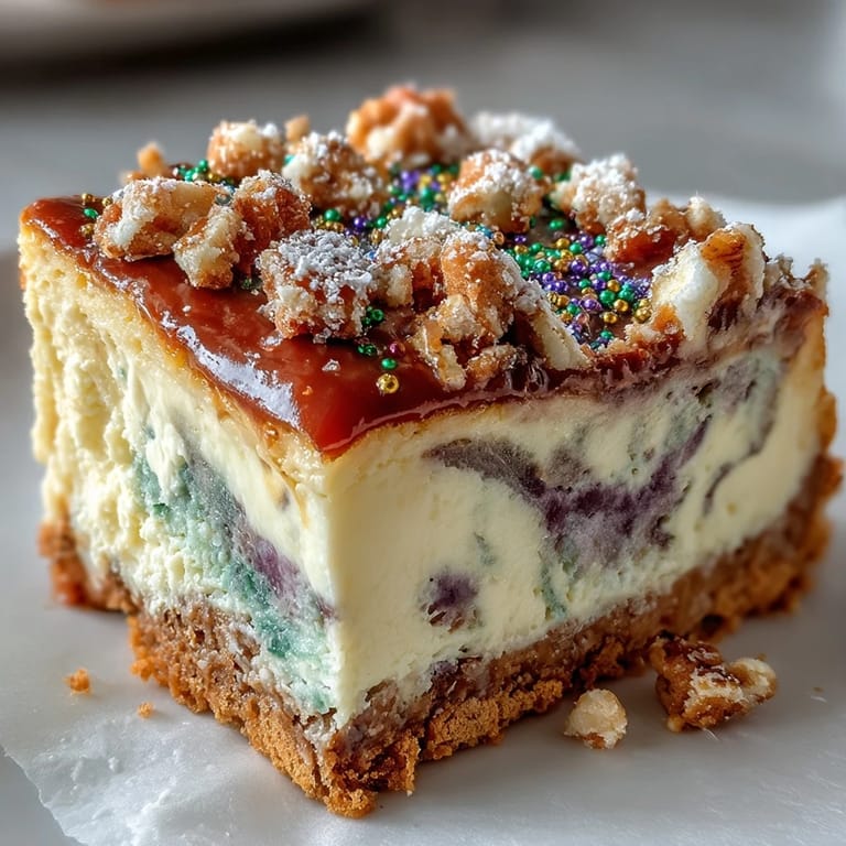 Creamy King Cake Cheesecake Bars feature marbled colors and a rich vanilla base, perfect for holiday dessert tables.