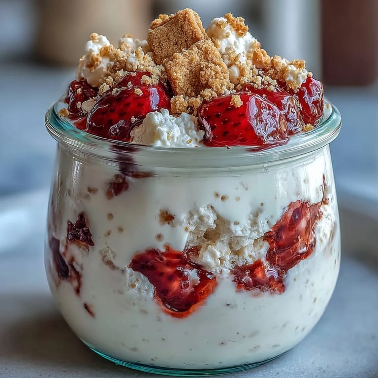 Rich, cheesecake-inspired overnight oats with juicy strawberries and crunchy graham cracker topping for a healthy, satisfying start.