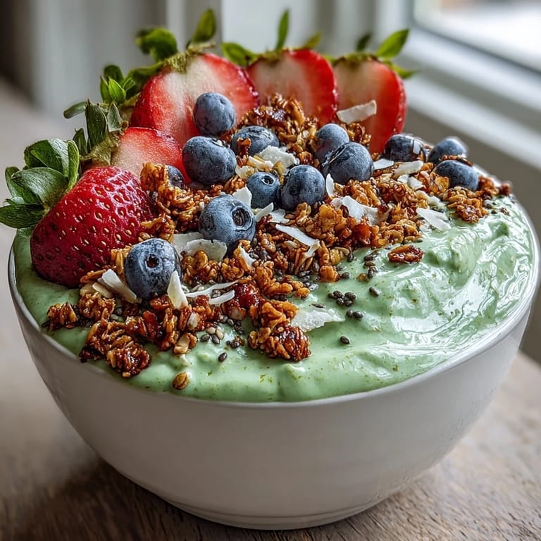This fluffy green smoothie bowl blends tangy yogurt and matcha, garnished with colorful fruit slices and seeds for a refreshing, energizing snack.