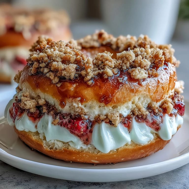 Delicious strawberry cheesecake protein bagels with crumble topping, perfect for a nutritious and satisfying morning treat.