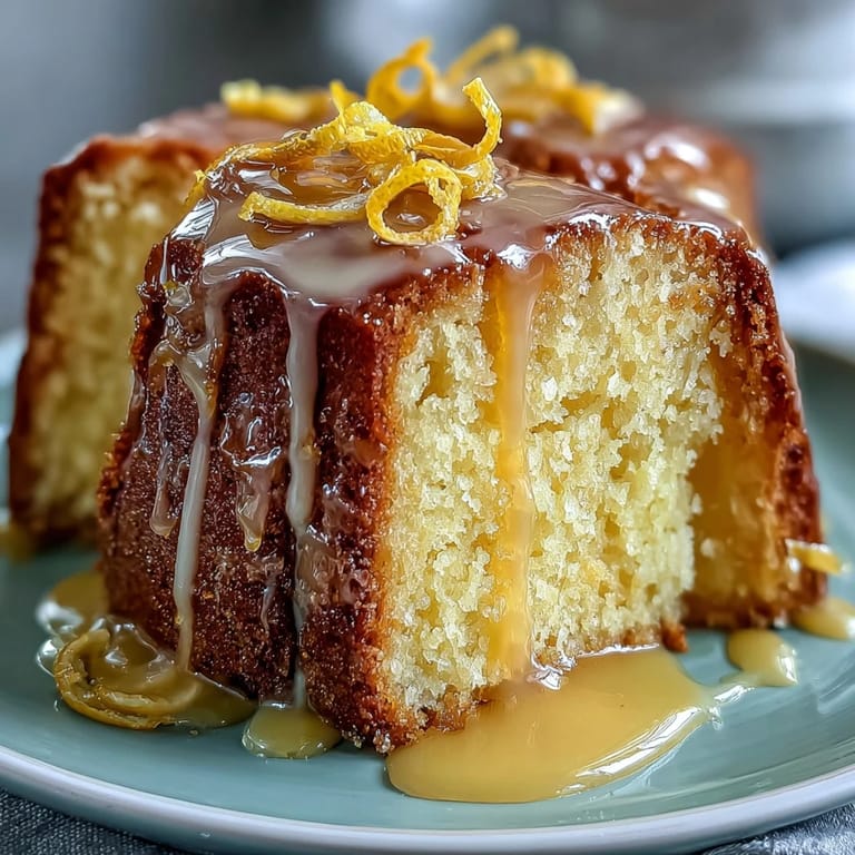 Elegant Limoncello pound cake with bright citrus notes, drizzled with a glossy lemon glaze and garnished with fresh zest.