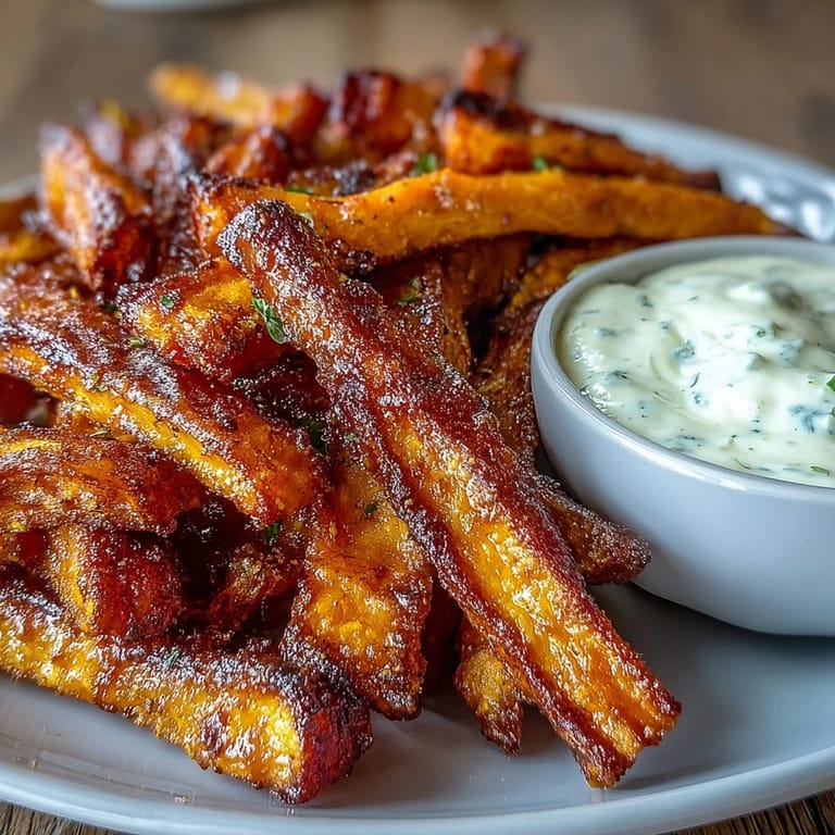Healthy air fryer sweet potato fries with smoky paprika, crispy edges, and rich garlic aioli dip.