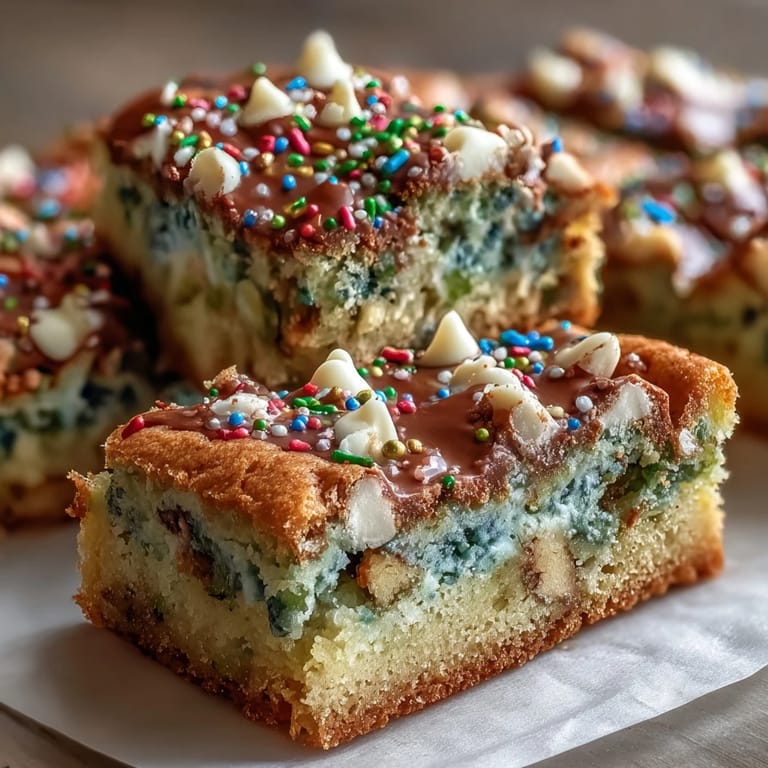 Vibrant, buttery cookie bars layered with rainbow sprinkles and white chocolate chips for a sweet St. Patrick's Day treat.