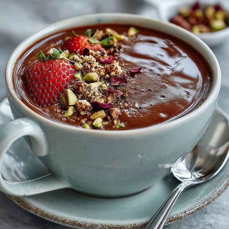 Indulge in Dubai Chocolate Strawberry Cups with Pistachio Crunch - silky chocolate shells brimming with fresh strawberry filling and fragrant pistachio crunch, garnished with rose petals.