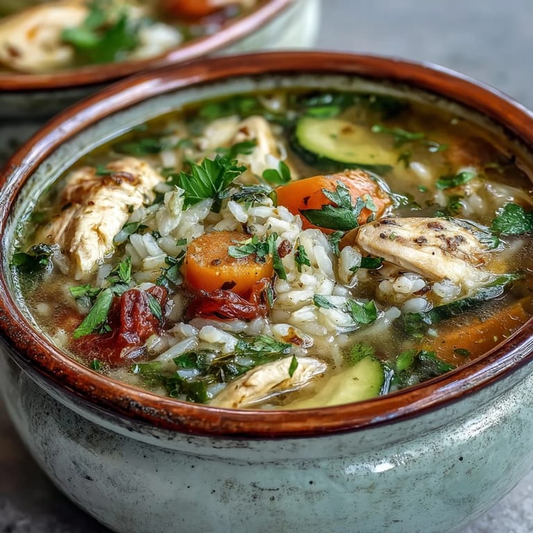 A comforting bowl of one-pot chicken and rice soup, loaded with fresh vegetables and hearty grains.