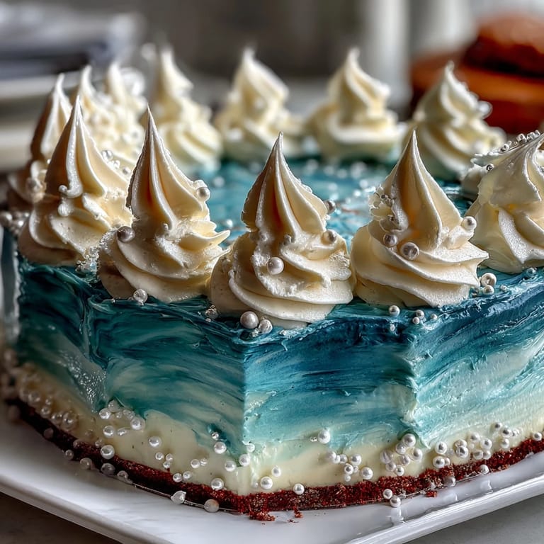 Whimsical Pisces Cake Sheet Cake with ocean wave piping, featuring moist vanilla sponge and vibrant blue buttercream for a stunning dessert.