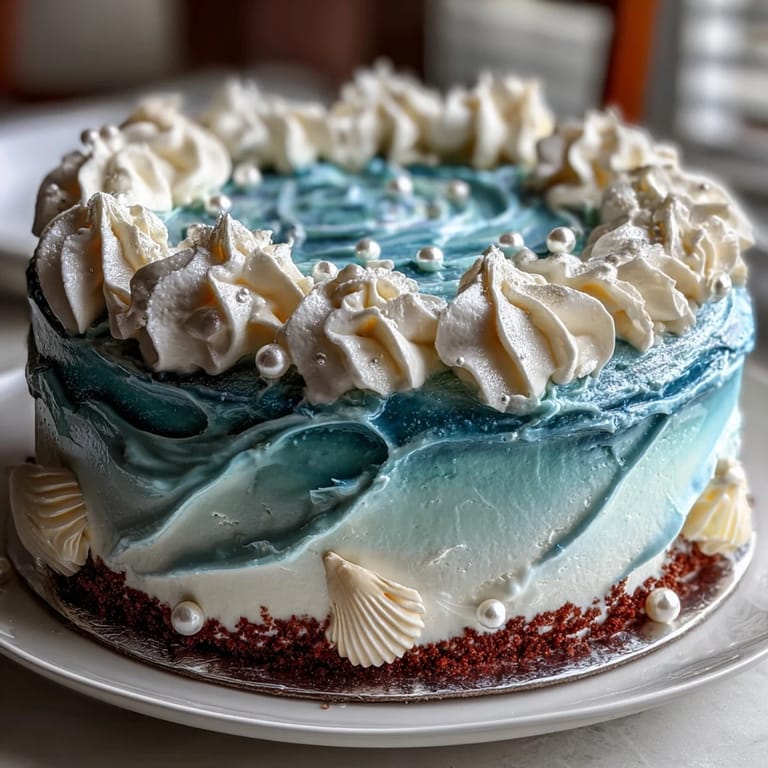 Dreamy Pisces Cake Sheet Cake with ocean wave piping, decorated in shades of blue buttercream and edible pearls for an aquatic effect.